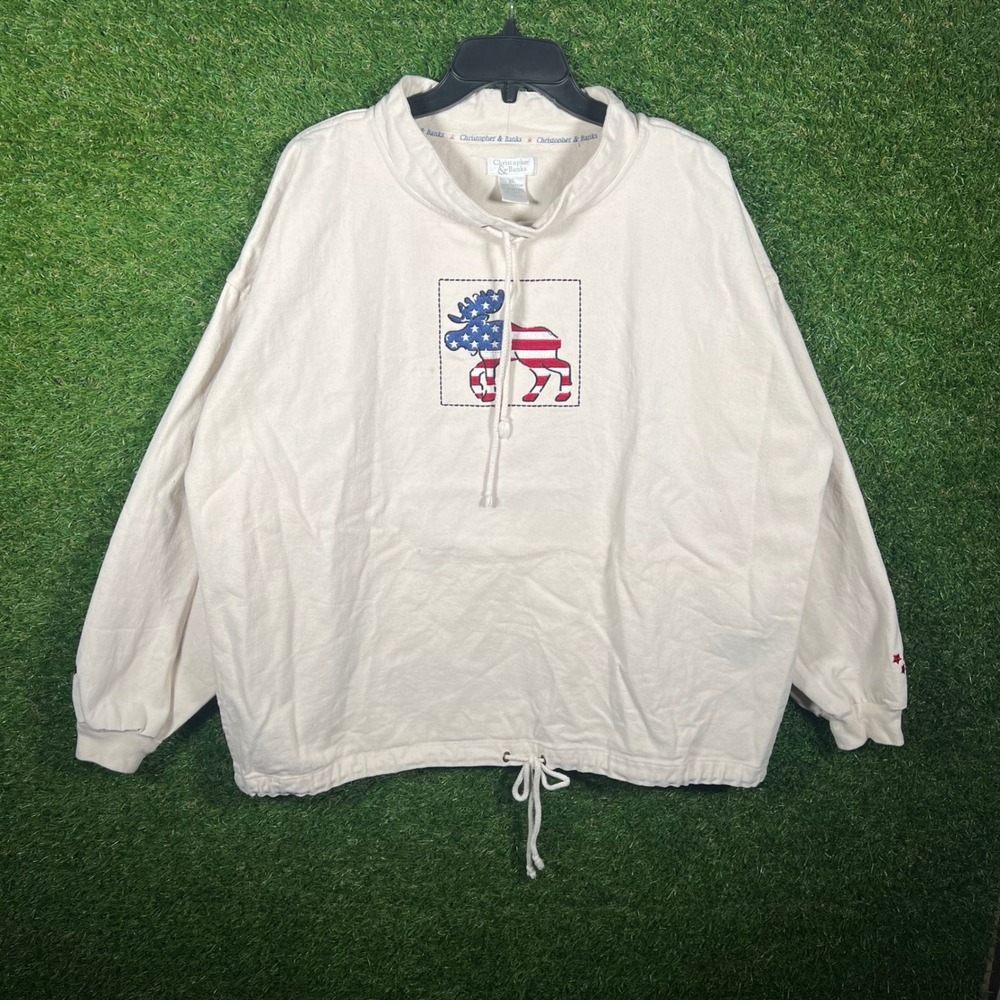 Christopher & Banks Patriotic Moose American Flag Sweatshirt Cream XL‎